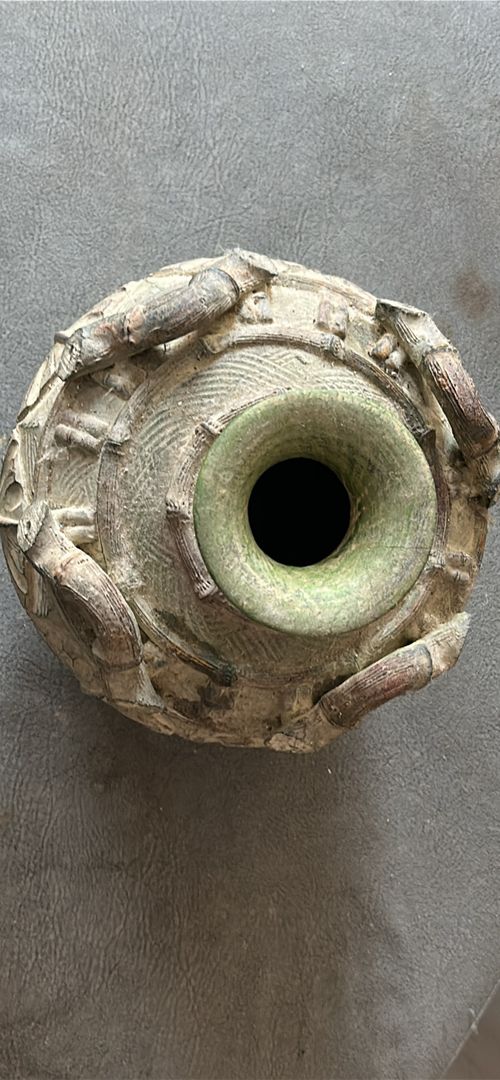 Unique Vintage Terracotta Urn Vase with Aged Green Patina & Sculptural Details