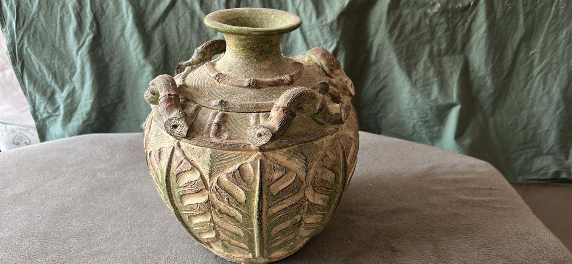 Unique Vintage Terracotta Urn Vase with Aged Green Patina & Sculptural Details