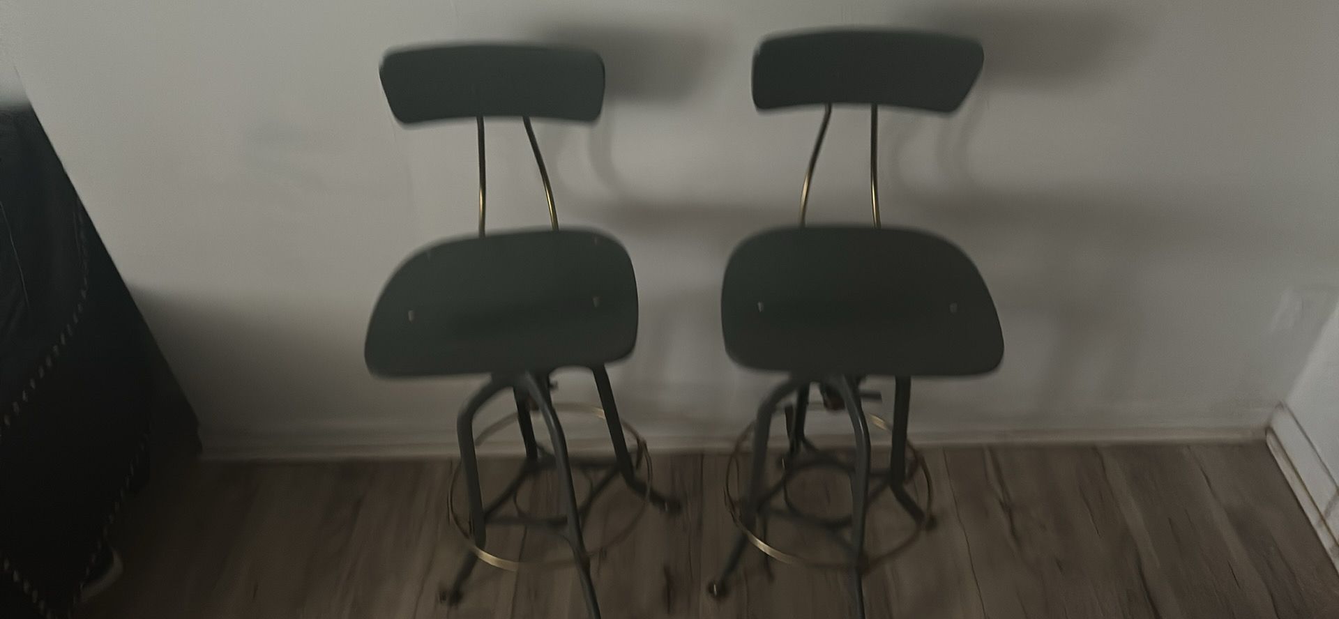 Set of 2 Mid-Century Modern Industrial Adjustable Bar Stools - Grey & Brass