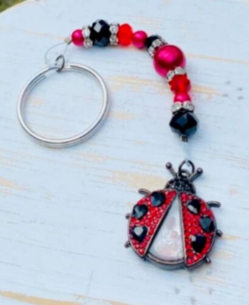 Handmade Beaded Ladybug Keychain with Rhinestones & Gift Box - Lucky Charm Accessory!