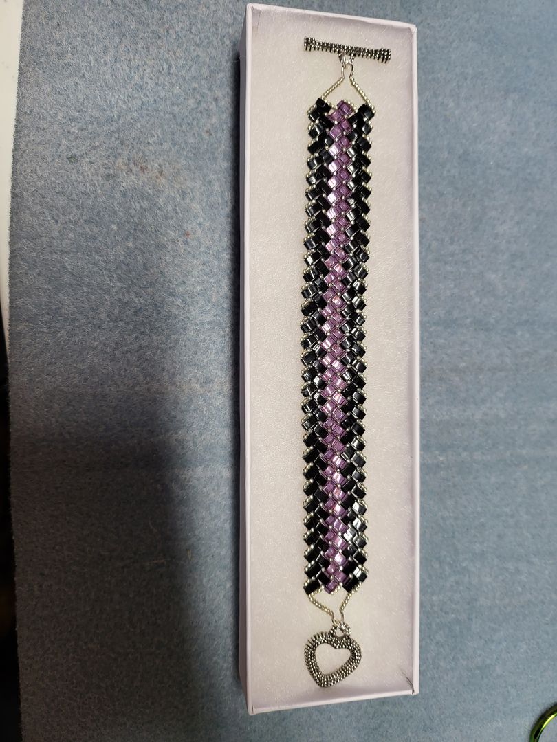 Women's Miyuki Glass Bracelet Handmade - Purple / Black / Silver w/Heart Clasp