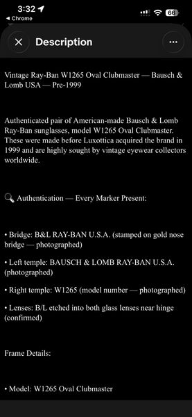 Vintage Ray-Ban B&L W1265 Oval Clubmaster Sunglasses - Authentic Pre-1999 USA Made